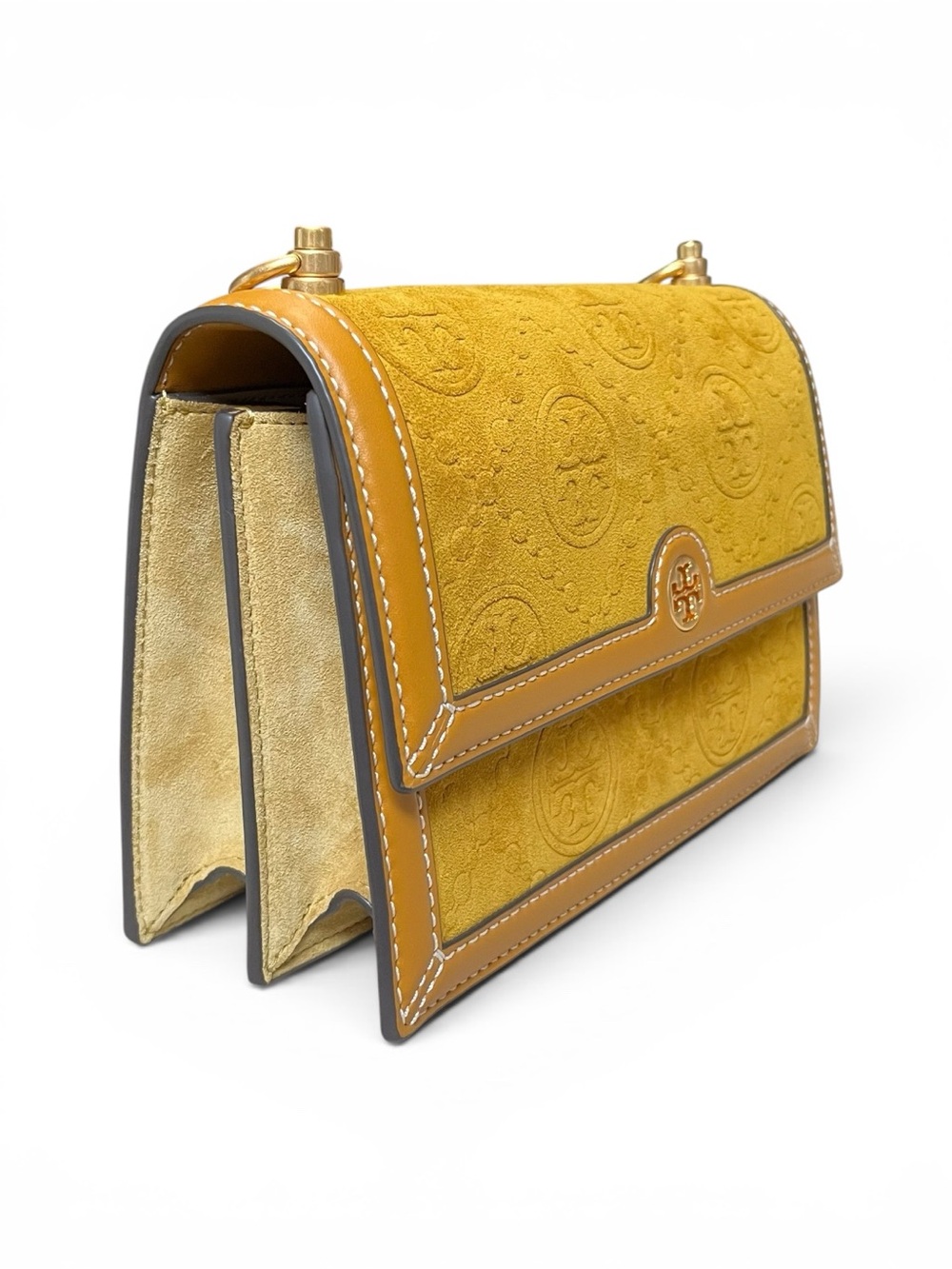 ✧ Tory Burch Suede Embossed Shoulder Bag In Deep Sunflower - Picture 3 of 9